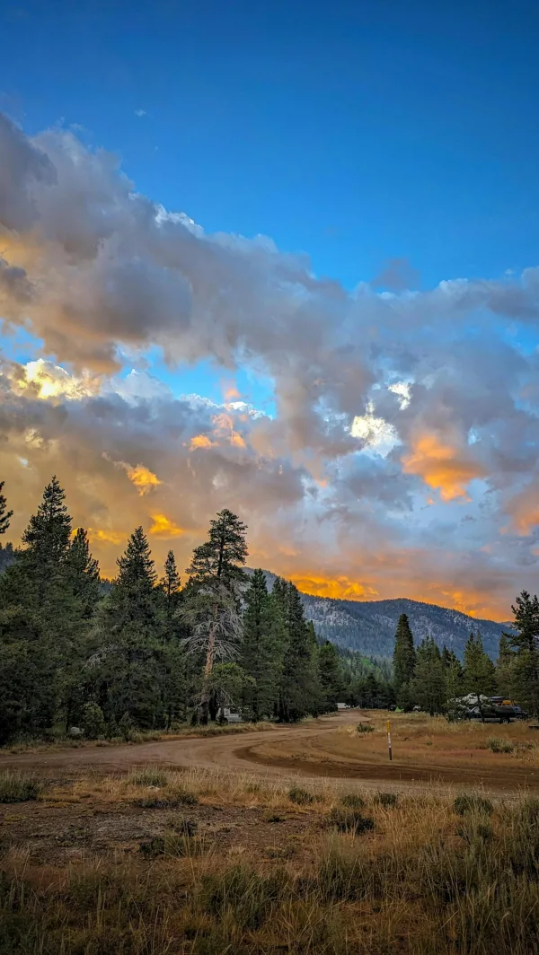 Coucher de soleil spectaculaire sur forêt et montagnes