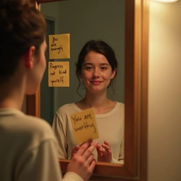 Jeune femme souriante devant un miroir avec messages de confiance en soi