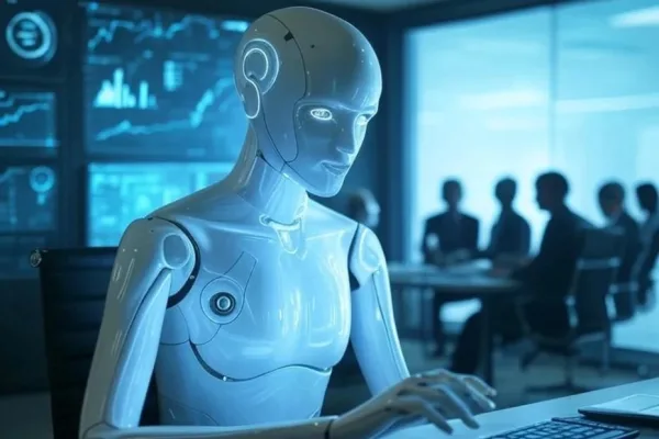 Robot intelligence artificielle travaillant dans un bureau moderne