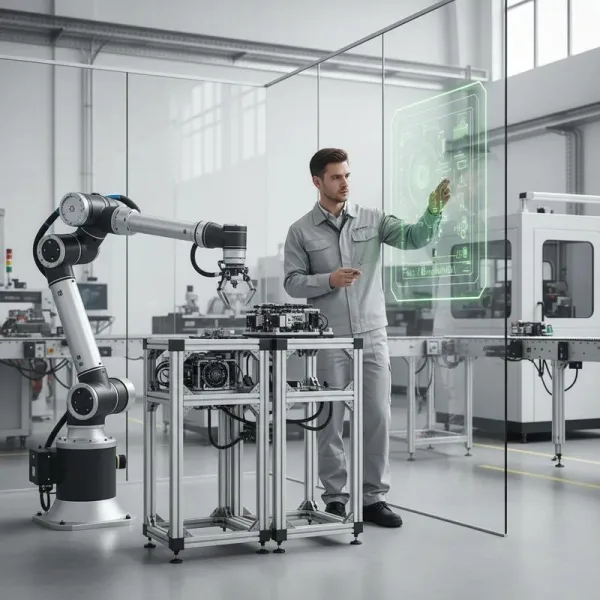 Ingénieur en robotique contrôlant un bras robotique industriel
