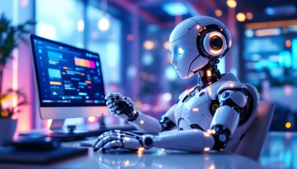 Robot IA utilisant un ordinateur dans un environnement futuriste