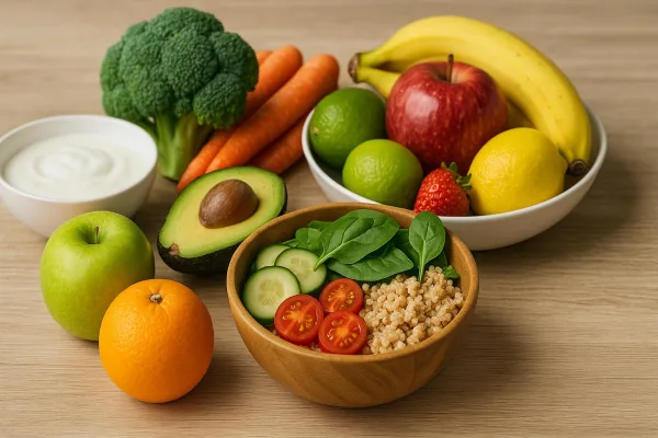 Alimentation saine avec fruits, légumes et salade équilibrée