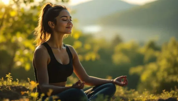 Femme en méditation dans la nature au lever du soleil