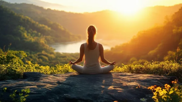 Méditation au lever du soleil dans un paysage naturel paisible