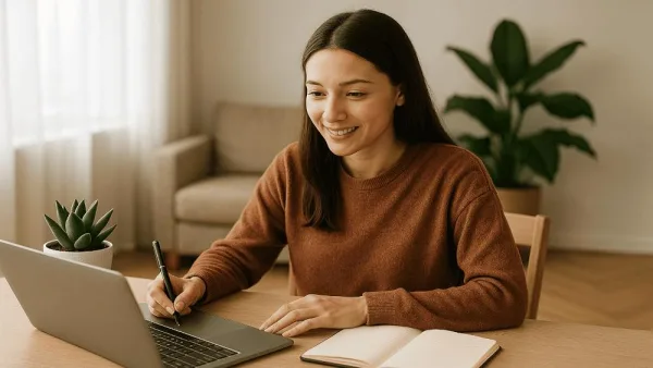 Jeune femme étudiant sur ordinateur portable à domicile