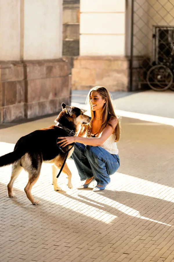 Jeune femme caressant son chien en ville sous une lumière dorée