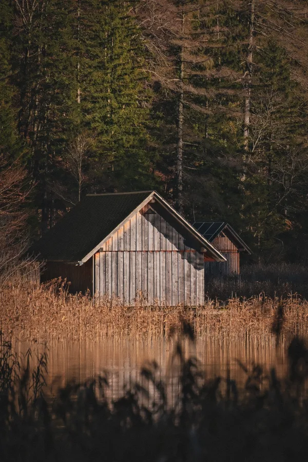 Cabane en bois au bord d’un lac entouré d’une forêt de conifères