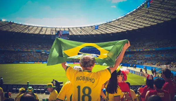 Supporter du Brésil brandissant le drapeau dans un stade de football