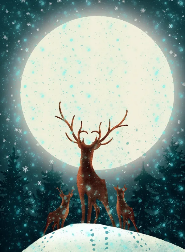 Cerfs sous la pleine lune dans une forêt enneigée – Illustration hivernale