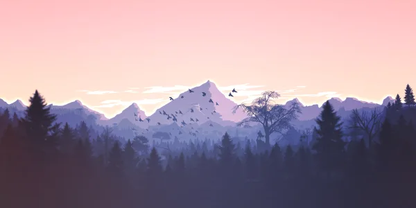 Illustration de montagnes au coucher du soleil avec forêt et oiseaux