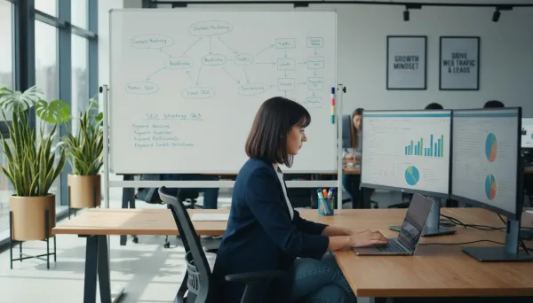 Consultante SEO analysant les performances d'un site web en entreprise