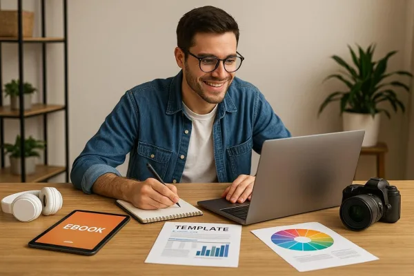 Créateur de contenu numérique travaillant sur un e-book et une stratégie marketing