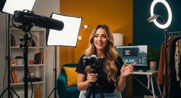 Créatrice de contenu vidéo enregistrant une vidéo dans un studio professionnel