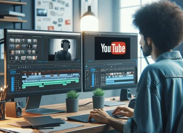 Monteur vidéo créant du contenu YouTube sur une station de travail à double écran