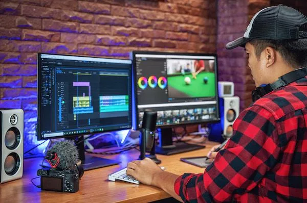 Monteur vidéo professionnel travaillant sur un projet avec double écran