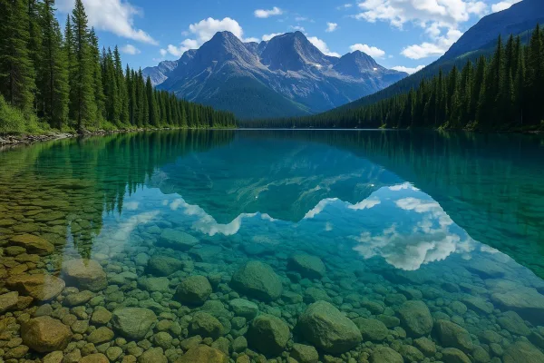 Lac de montagne aux eaux cristallines avec reflet des sommets