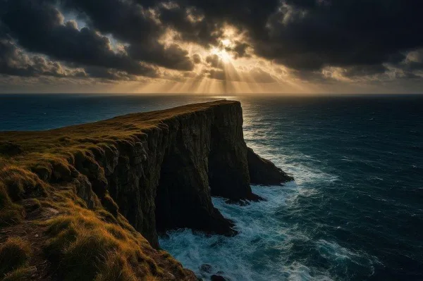 Falaises maritimes spectaculaires sous un ciel orageux au coucher du soleil