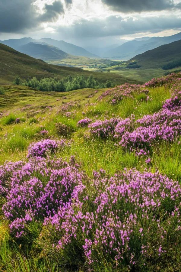 Prairie fleurie de bruyères dans une vallée de montagne