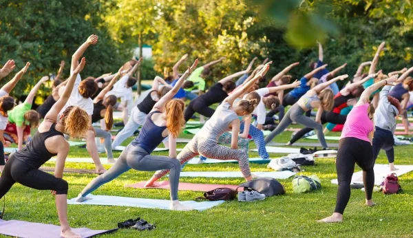 Séance de yoga en groupe dans un parc ensoleillé
