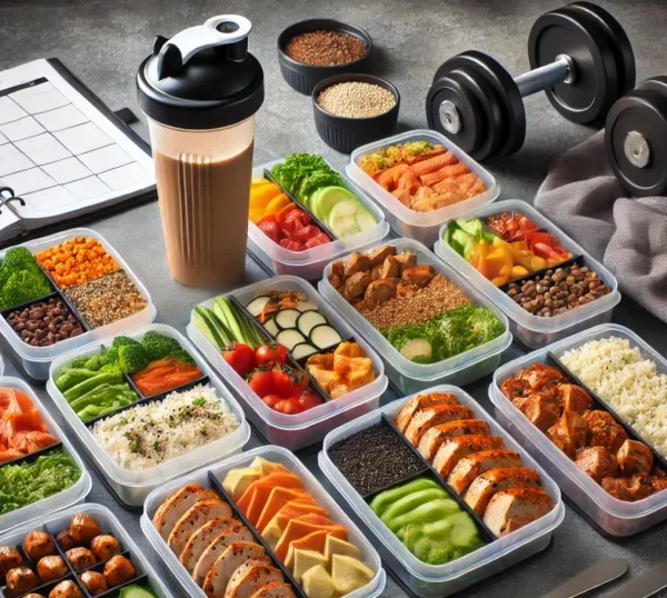 Meal prep fitness avec repas équilibrés et shaker protéiné