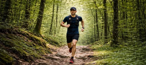 Coureur de trail en forêt sur sentier rocheux