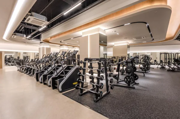 Salle de sport moderne avec équipements de musculation et cardio