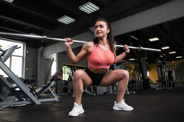 Femme réalisant un squat avec barre de musculation dans une salle de fitness