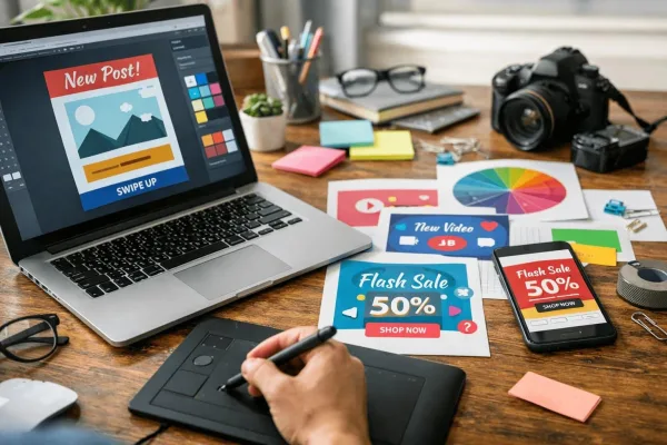 Graphiste créant des publications pour les réseaux sociaux et des campagnes marketing