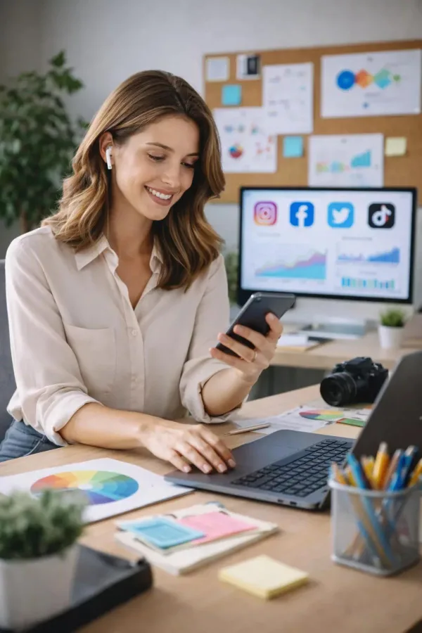 Community manager gérant les réseaux sociaux et analysant les performances marketing