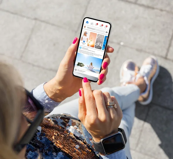 Femme utilisant une application de réseau social sur smartphone en extérieur
