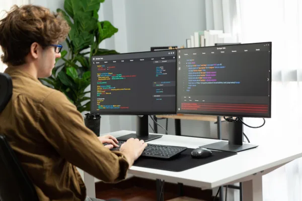 Développeur web travaillant sur un projet de programmation avec une configuration à double écran