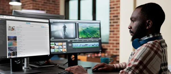Monteur vidéo professionnel travaillant sur un logiciel de post-production à double écran