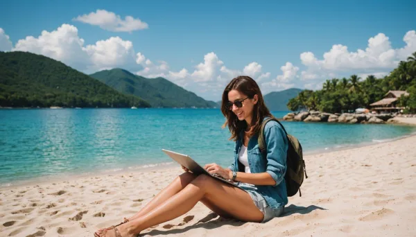 Nomade digitale travaillant sur son ordinateur portable depuis une plage paradisiaque