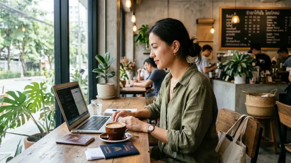 Nomade digital travaillant dans un café avec un ordinateur portable et un café