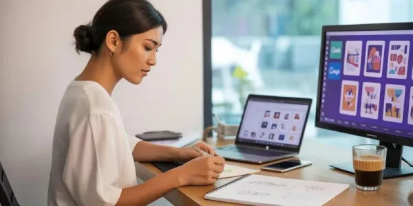 Graphiste UX/UI concevant une interface utilisateur sur ordinateur dans un espace de travail moderne