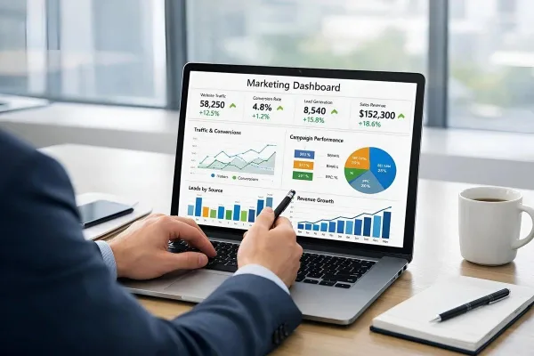Tableau de bord marketing affichant les performances des campagnes et les indicateurs clés de performance (KPI)