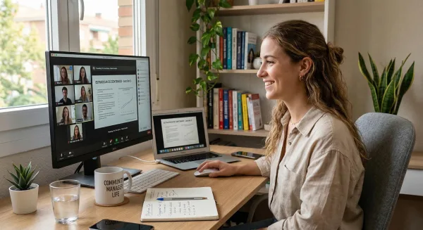Community manager en visioconférence suivant une formation en stratégie de contenu et marketing digital