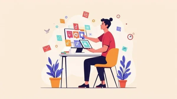 Illustration d'un community manager gérant les réseaux sociaux depuis son ordinateur