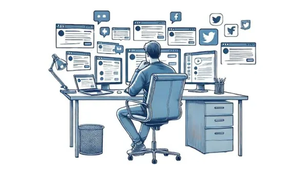 Illustration d'un community manager surveillant plusieurs réseaux sociaux