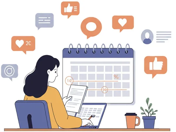 Illustration d'un community manager planifiant un calendrier éditorial pour les réseaux sociaux