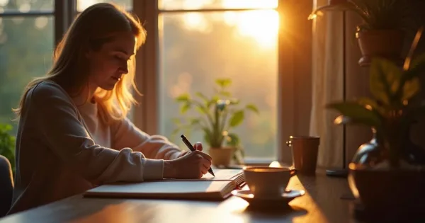 Femme écrivant dans un carnet au lever du soleil, symbole de réflexion et de développement personnel