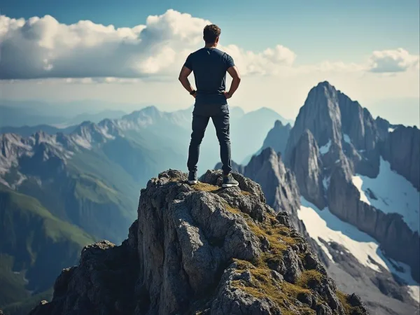 Homme debout au sommet d'une montagne, symbole d'ambition et de réussite