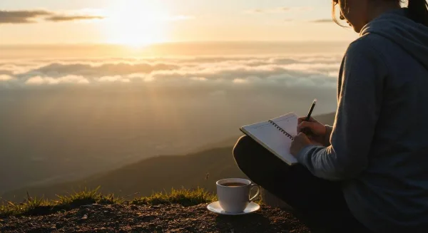 Personne écrivant dans un carnet face au lever du soleil, symbole de réflexion et d'objectifs de vie