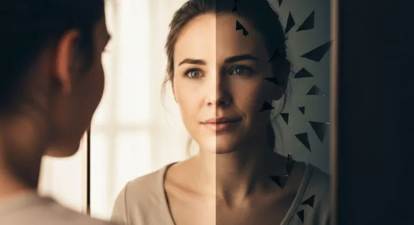 Femme se regardant dans un miroir, symbole de reconstruction de l'estime de soi et de confiance retrouvée