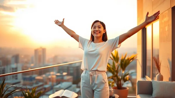 Femme souriante les bras ouverts sur une terrasse, symbole de liberté, de confiance en soi et d'épanouissement personnel