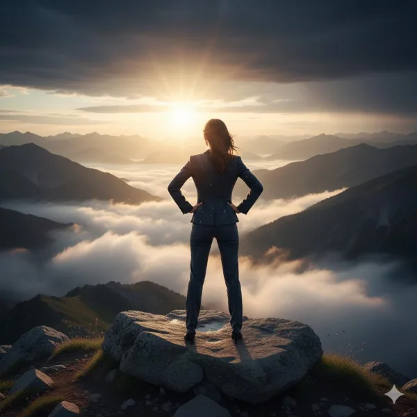 Femme d'affaires contemplant l'horizon depuis un sommet, symbole de leadership, de confiance en soi et de réussite