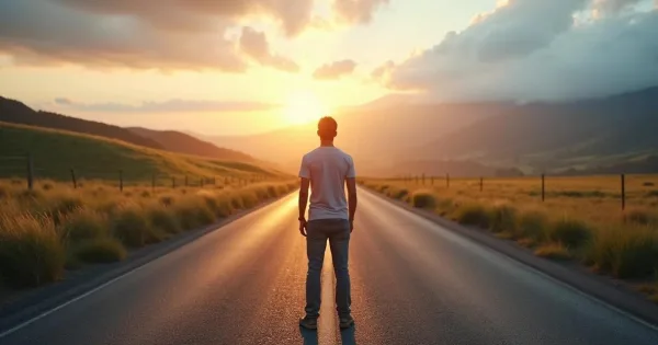 Homme face à l'horizon sur une route au coucher du soleil, symbole de vision, de persévérance et de développement personnel