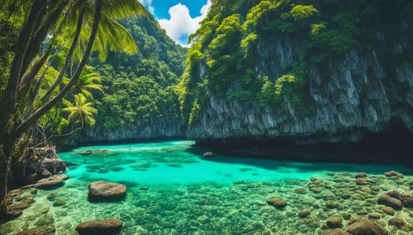 Lagon tropical aux eaux turquoise entouré de falaises luxuriantes
