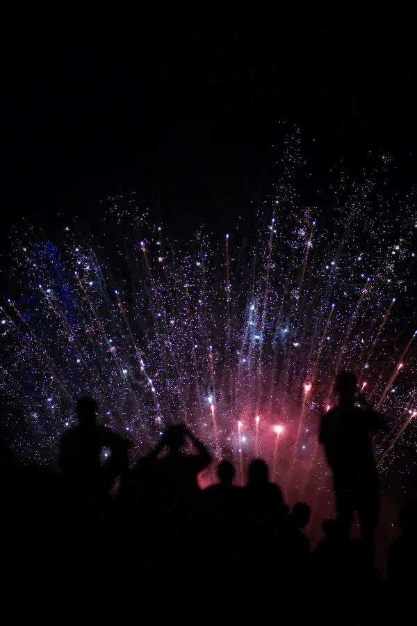 Feu d'artifice nocturne avec foule en silhouette lors d'une célébration